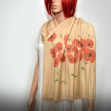 Poppy scarf, red poppy, cream beige scarf, neutral scarf, long soft scarf/shawl