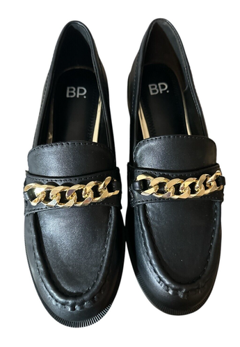 BP Black Faux Leather Blaire Loafer with Gold Chain Detail Size 6 NEW with Box