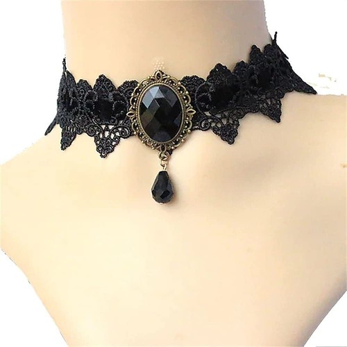 Halloween Choker Necklace for Women Gothic Black Crystal Lace Necklace for Hallo - Picture 3 of 6