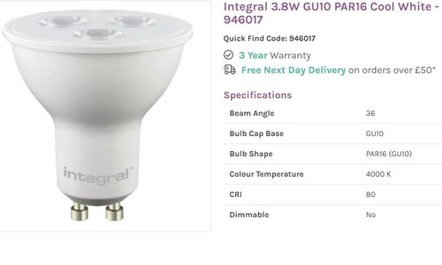 INTEGRAL 3.8W GU10 PAR16 COOL WHITE - 946017 NON-DIMMABLE - Picture 4 of 24