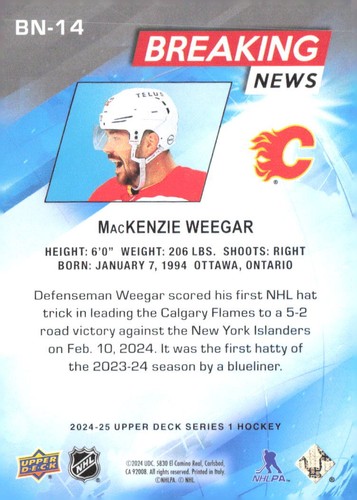 2024-25 Upper Deck MacKenzie Weegar #BN-14 Breaking News - Picture 2 of 2