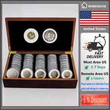 50PCS 46MM Coin Capsules Storage Box w/ Wooden Case Holder Collection Display