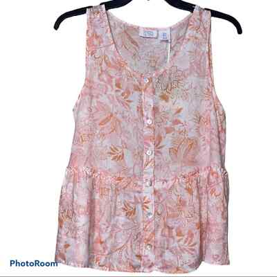 Sigrid Olsen small women's linen scoop neck button down ruffle floral print 