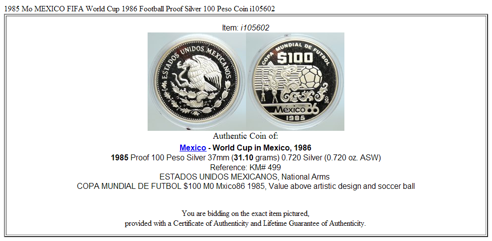 1985 Mo MEXICO FIFA World Cup 1986 Football Proof Silver 100 Peso