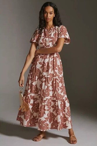 NWT Anthropologie Somerset Maxi in Neutral Dotted Floral Cotton Tiered Dress S - Picture 2 of 9