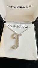 J Initial Genuine Crystal, Fine Silver Plated Pendant Chain Necklace
