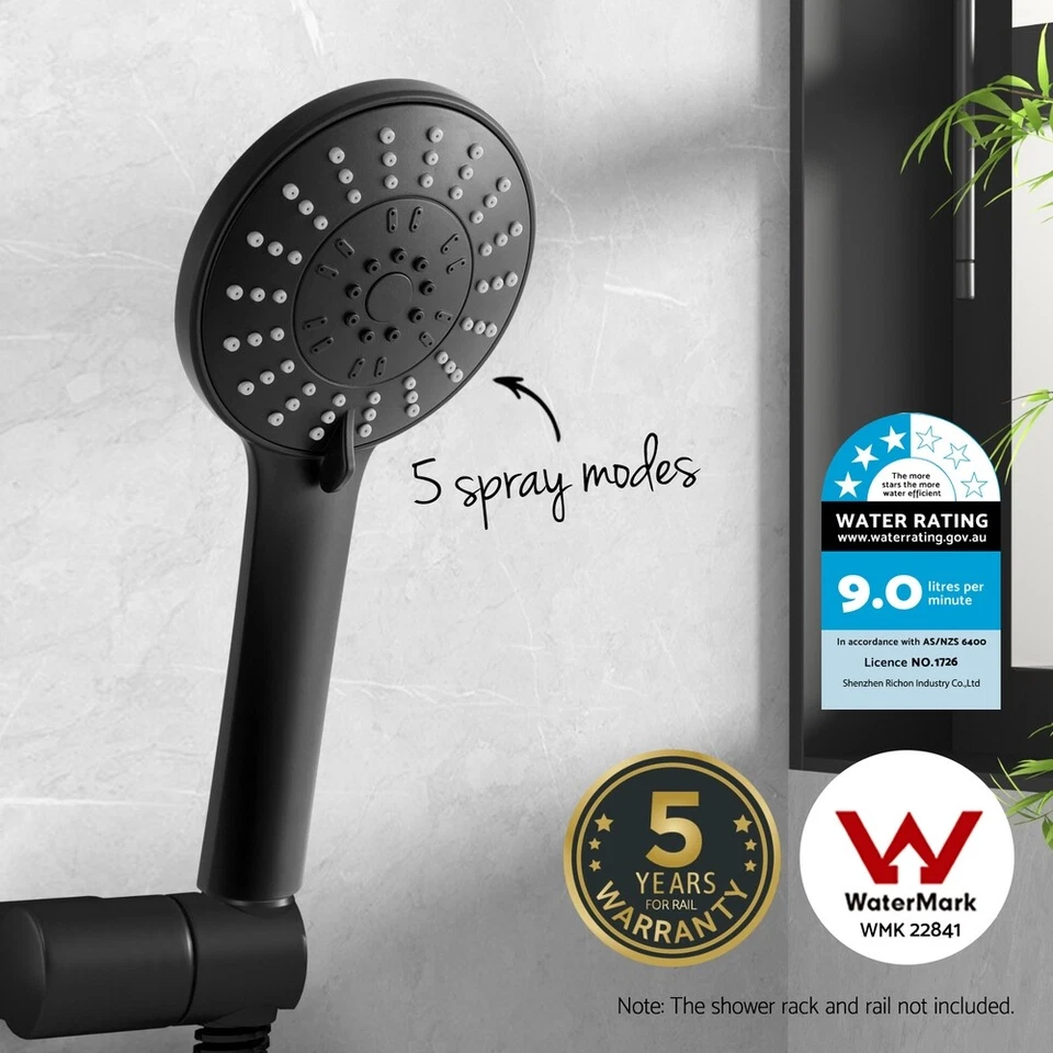 Handheld Shower Head 4.5" High Pressure 5 Modes Poweful Round Black