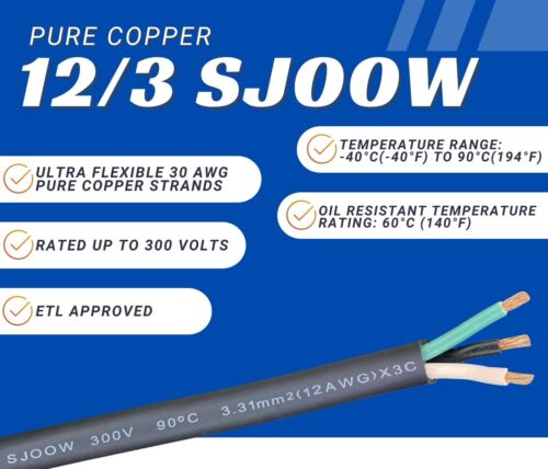 WindyNation 12/3 12 AWG 3 Conductores SJOOW Cable Cable Cable 300V Alimentación Portátil - Imagen 44 de 111