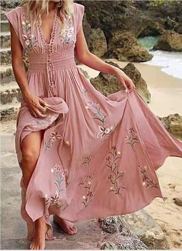 Summer women's V-neck French beach bohemian printed dress - Picture 14 of 18