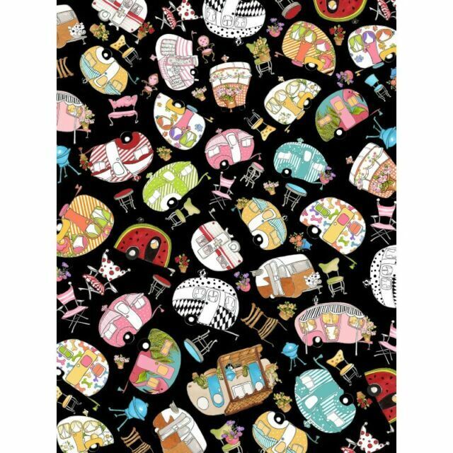 Loralie Vintage Holiday Camper RV Toss Black Cotton Fabric Camp Trailers YARD