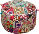 White 22" Embroidered Round Ottoman Pouf Stool Chair Pouffe Seat Indian Decor
