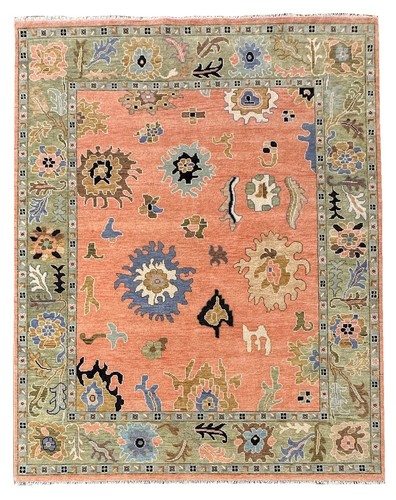 Modern Oushak Hand Knotted Rug 6x9 Peach All Wool Floral Carpet for Living Room - Picture 2 of 10