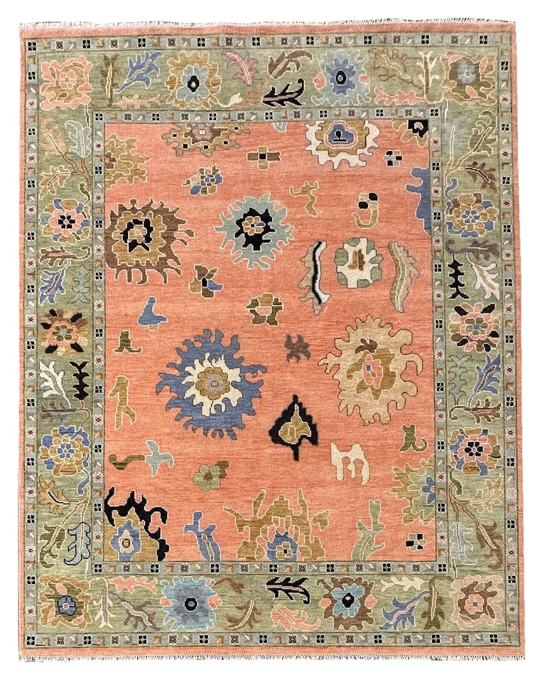 Modern Oushak Hand Knotted Rug 6x9 Peach All Wool Floral Carpet for Living Room - Image 2 of 4