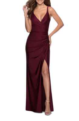 La Femme Dark Berry Strappy Back Ruched High Side Slit Gown Size 12 $298 Prom
