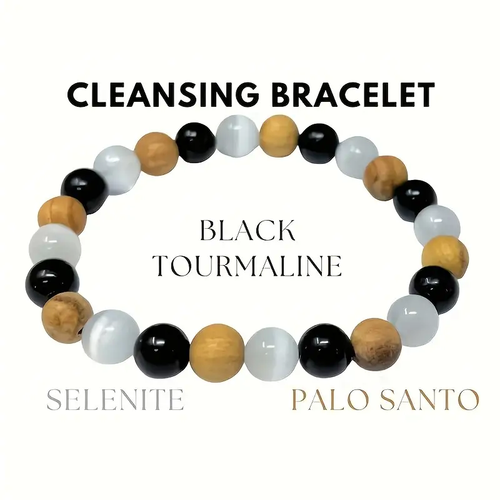 Cleansing Bracelet White Quartz Black Tourmaline & Palo Santo 8mm Round Purifyin - Picture 1 of 4