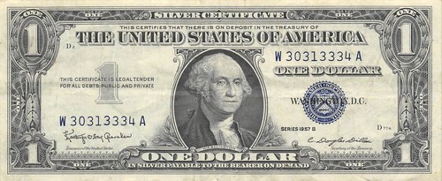 USA / Silber Zertifikat 1 $ Serie von 1957 B Block W-A zirkulierte Banknote G6
