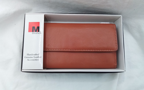 MUNDI HANDCRAFTED LEATHER LADIES CLUTCH WALLET LIGHT BROWN VTG NEW BOX DESIGNER - Picture 2 of 21