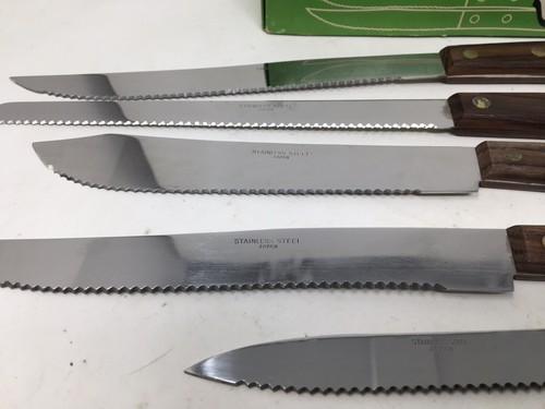 Vtg 15Pc Cutlery Knife  Set Stainless Steel Rosewood Handles Japan Look Unused - Bild 3 von 12