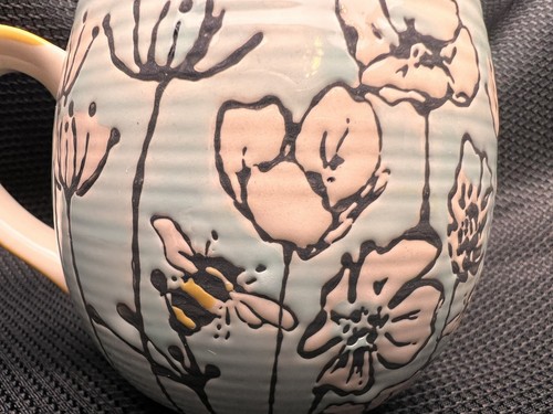 Bee & Flowers Green Blue Ceramic Pottery Coffee MUG Tea Cup Lid Taimei Teatime - Imagen 2 de 4