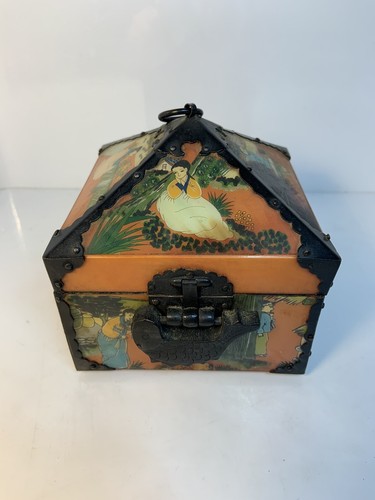 Reverse-Painted Ox Horn Wood Bronze Box- Hwagak Haem Vintage Korean Ox Horn Box - Picture 9 of 12