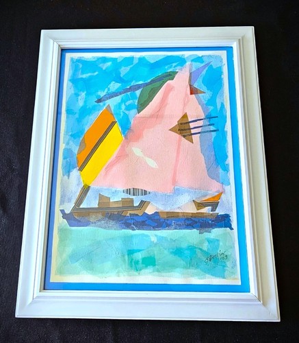 Mid Century Modern Abstract Painting Watercolor Decoupage Sailboat Signed