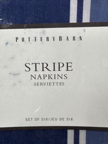 Pottery Barn Cotton Blue Stripe Dinner Napkins Set of 6 New - Picture 2 of 6