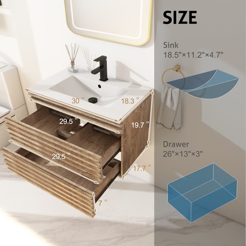 Wall Mounted Bathroom Vanity Set W/ Drop in Sink Mid-Century Cabinet Set - Picture 10 of 34