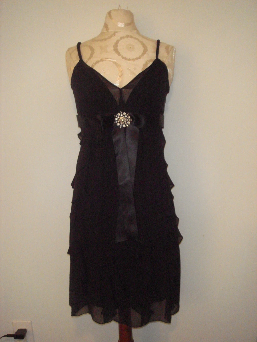 NEW BCBG BLACK SILK V NECK CHIFFON RUFFLED BROOCH DRESS SZ 2 eBay