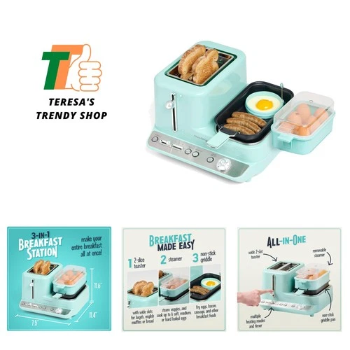 Classic Retro 3-in-1 Breakfast Station - Includes Egg and Veggie Steamer, Non...