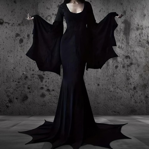 Costume Halloween Morticia Addams vintage gotico nero vestito lungo vestito donna - Foto 7 di 7