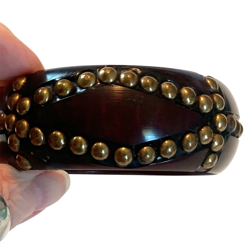 Vintage Wide Wood Bangle Bracelet with Brass Studs Detail Wooden Boho Chic - Image 2 of 4