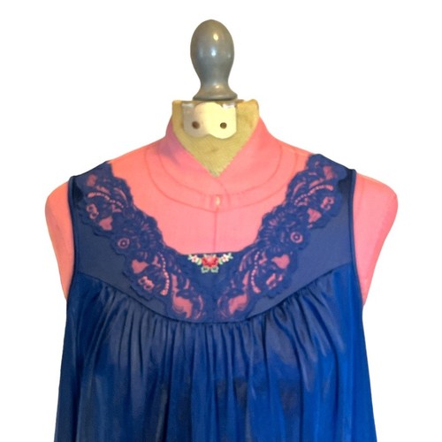 Shadowline Navy Blue Nightgown Vintage 1970s Lace Trim Sleeveless A Line Small - Picture 3 of 5