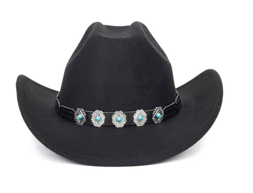 Men Women Classic-Western-Cowboy-Hat - PU Leather Medium Black With Turquoise - Picture 5 of 7