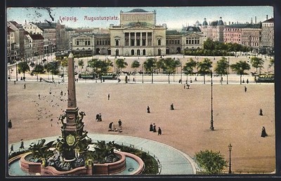 Ansichtskarte Leipzig, Augustusplatz mit Brunnen 1914 