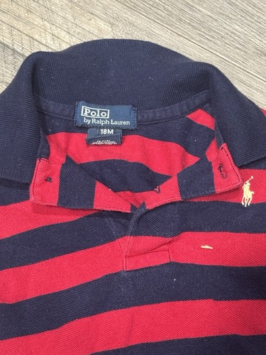Size 18m - Boys Polo Ralph Lauren Short Sleeve Collared Shirt Striped Red blue - Picture 2 of 5