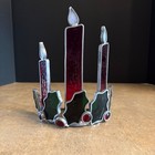 Vintage Stained Glass Candle Holder 7" Centerpiece Holly Berries Christmas Decor