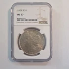 1921-S Morgan Silver Dollar $1 NGC MS63 San Francisco Mint .900 Cert 8339262