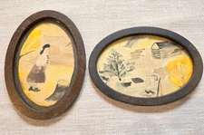 Pair of Antique Primitive Folk Art Framed Naïve Watercolor Painting Rustic Woods