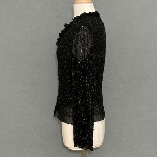 Chaqueta Top Mujer Noche Años 90 De Colección M Negra Seda Lentejuelas Volantes Vacaciones Cóctel - Imagen 5 de 12