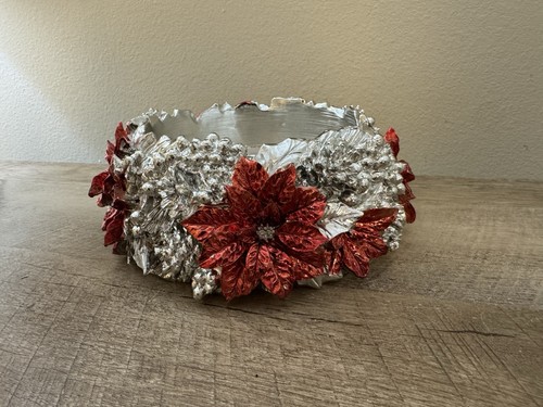 Homeworx By Harry Slatkin Silver Red Poinsettias Christmas Candle Holder - Picture 7 of 10
