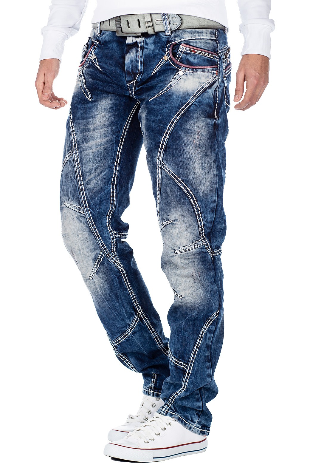 Cipo Baxx Herren normale Passform blaue Jeans detailliertes Design dicke Stiche Reißverschluss Look