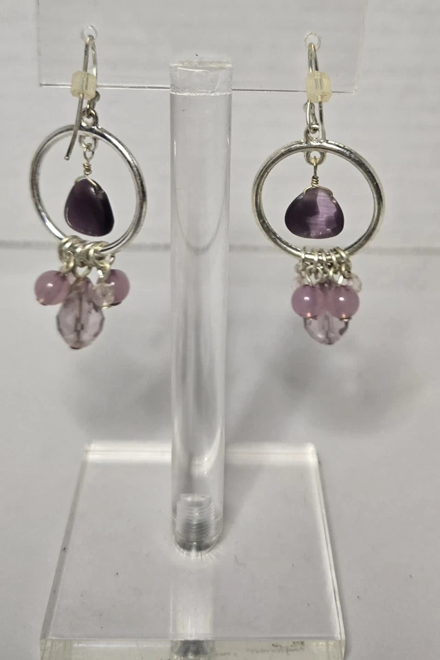 Handmade Silver Hoop Dangle Boho Earrings with Purple Amethyst Gemstone Beads - Image 2 of 4