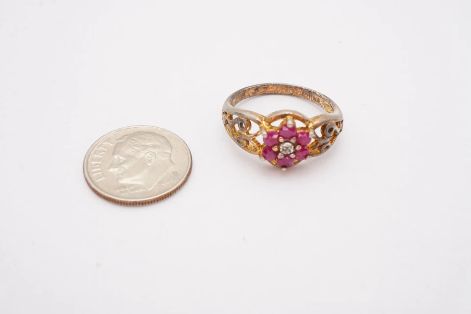 Anel Ross Simons folheado a ouro prata esterlina 925 rubi diamante tamanho 7 - Imagem 2 de 4