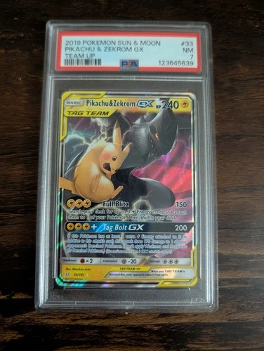 Pokémon TCG Pikachu & Zekrom GX Team Up Holo Card PSA7, 33/181