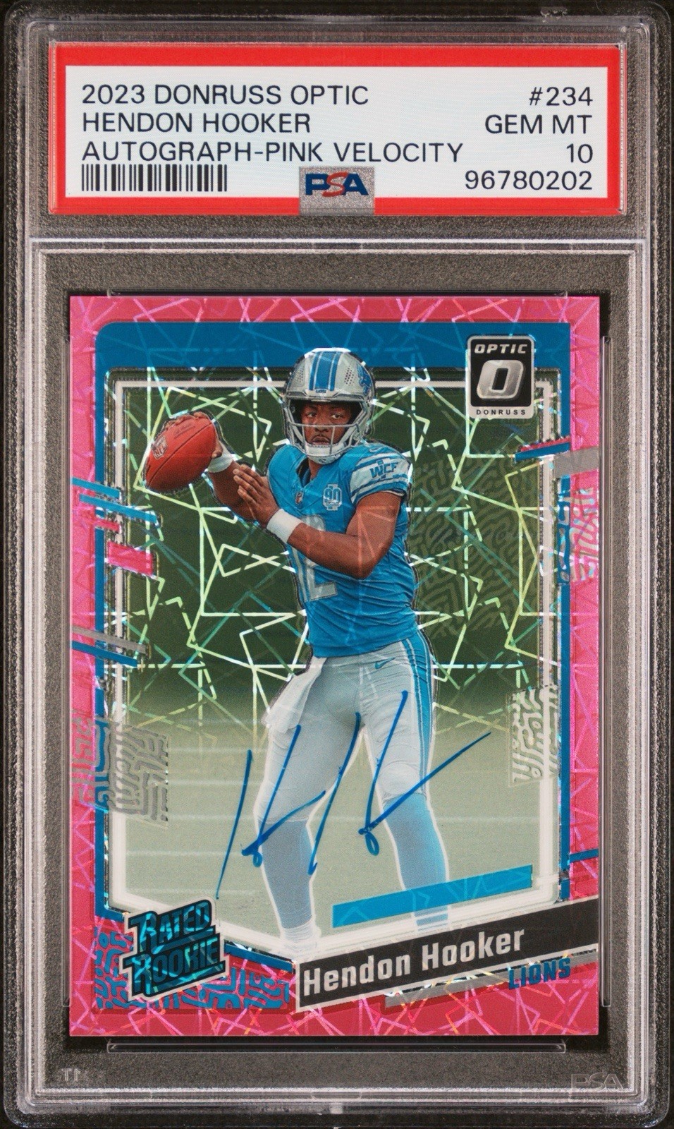 2023 Donruss Optic Hendon Hooker Auto Pink Velocity /50 Rated Rookie RC PSA 10