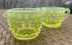 Fenton Topaz Vaseline Opalescent Hobnail Miniature Sugar and Creamer. No Damage.