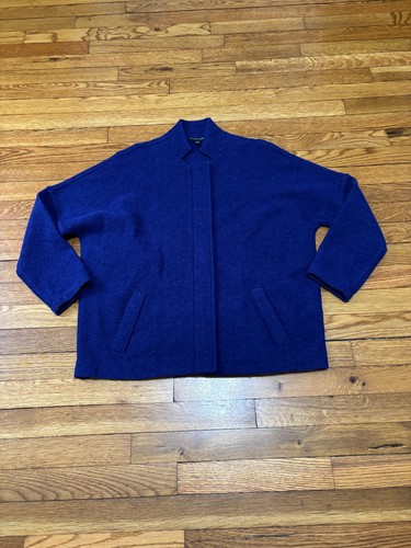 Eileen Fisher Damen Jacke gekochte Merinowolle Größe Small blau durchgehender Reißverschluss klassisch