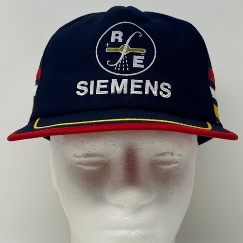 Vintage Siemens RFE 3 Stripe Trucker Hat Cap Blue 80s Mesh Snapback 5 Panel USA - Picture 2 of 9