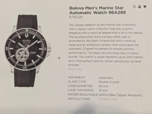Bulova Marine Star Black Automatic Mens watch 96A288 HALF PRICE. FREE Hard Case - Picture 17 of 20