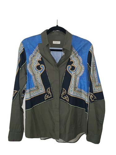 Dries Van Noten China Blue Khaki Green Geometric Ethnic Frame Print Shirt US 4 - Picture 2 of 7